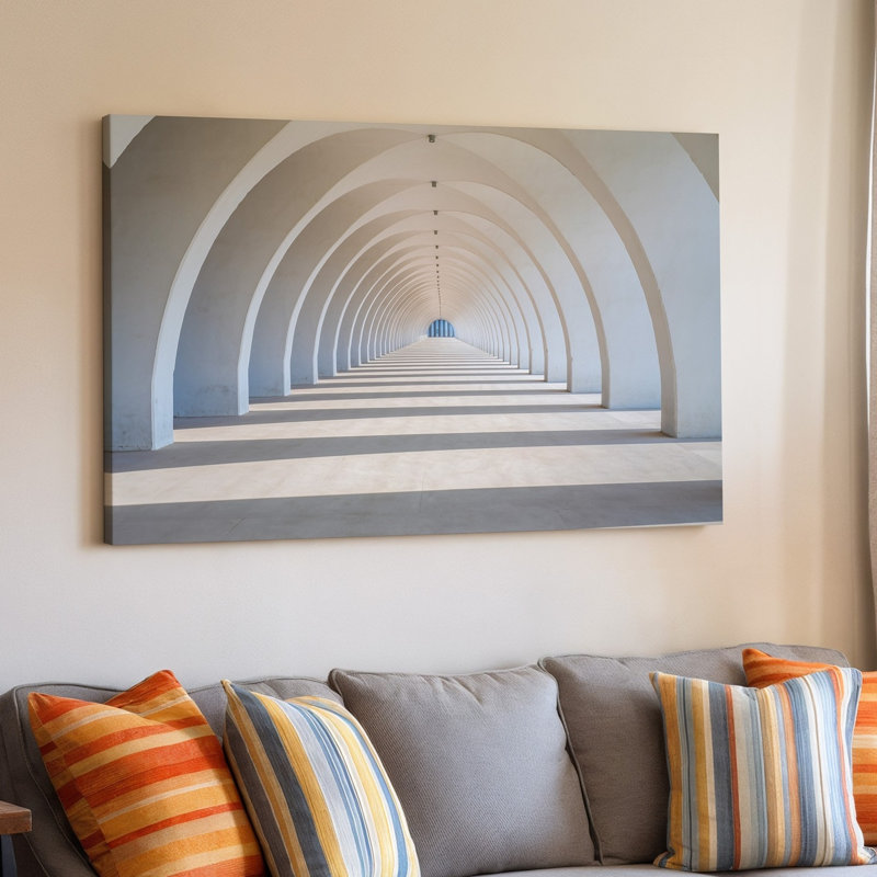 Toile Un couloir architectural serein et minimaliste avec une série d'art mural aux arches blanches élégamment courbées créant un art mural sur toile rythmique