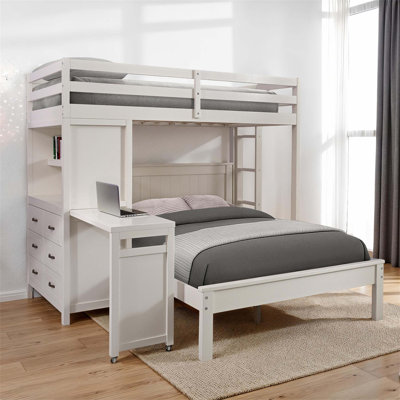 Lit superposé simple de style contemporain avec 3 tiroirs, tablette ouverte, échelle et bureau intégré au fini blanc