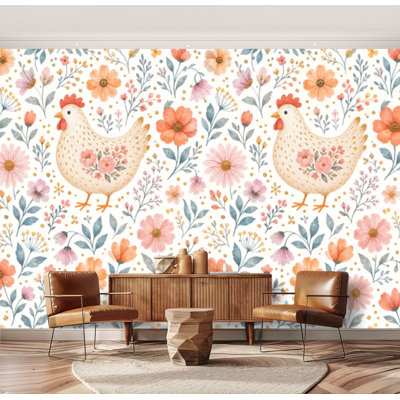 Papier peint adhésif peler et coller Mignon poulets marqués, poules, fleurs, couleurs pastel, papier autocollant amovible, contact mural pour le salon Chambre à coucher H 69 po x l 96 po