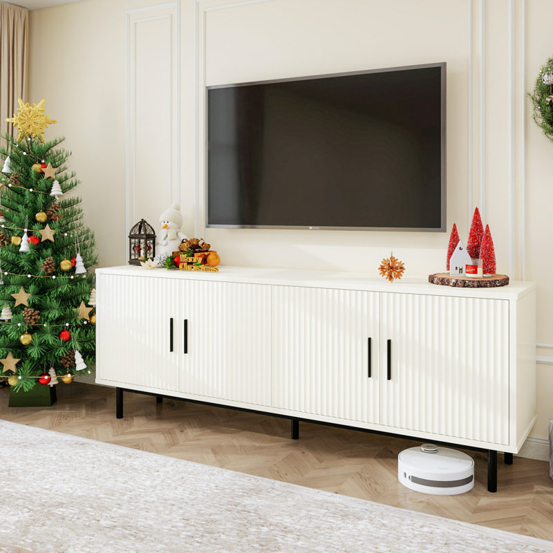 70'' Media Console, TV Stand for TVs up to 80'', Heavy Duty Metal Base, White/Black