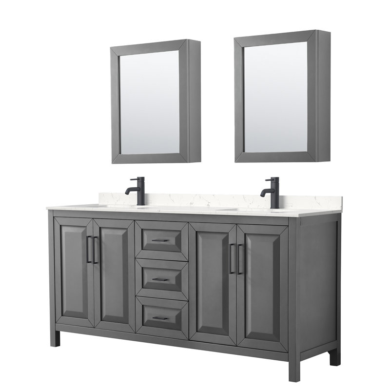 Daria 72'' Double Bathroom Vanity with Carrara Marble Top, Dark Gray, Carrara Cultured Marble, Matte Black