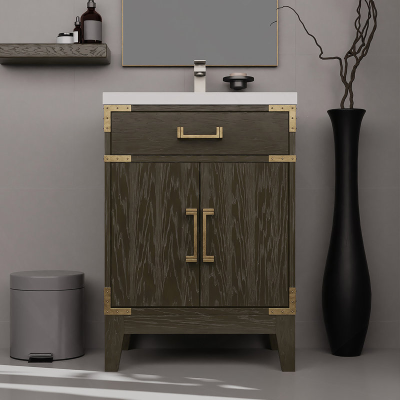 Meuble-lavabo simple 24 po X P 18 po P, comptoir en acrylique et Miroir, Brown Oak