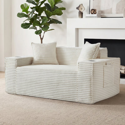 61'' W Oversized Foam Sofa Loveseat with Pillows, Compression Corduroy 2-Seater Sofa Upholstered Couch with 2 Cup Holders for Living Room, Bedroom, Apartment, Office