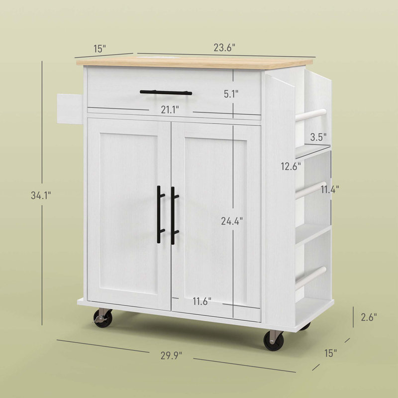 Îlot de cuisine avec rangement, chariot de cuisine roulant avec prises CA et ports USB, White