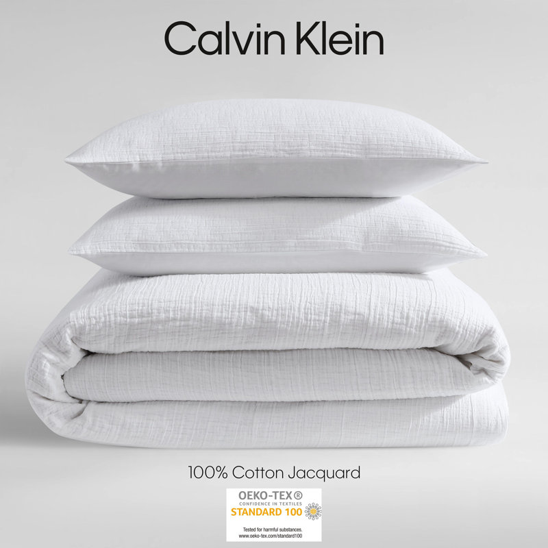 Calvin Klein Washed Texture Solid Cotton Duvet Cover Set, White, Queen Duvet Cover + 2 Standard Shams