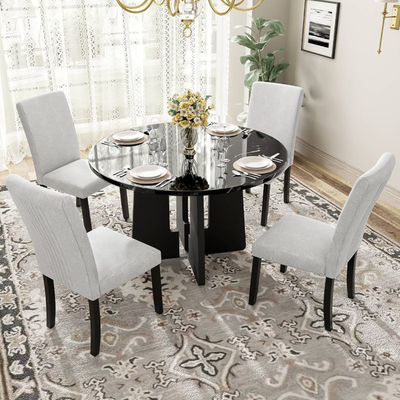 Polett Round Dining Set, Black Table with Beige Chairs