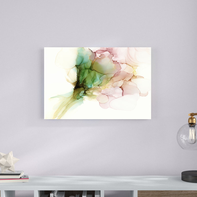 «Pink and Turquoise Bloom I» par Jennifer Goldberger - peinture sur toile tendue, H 20 po x l 30 po
