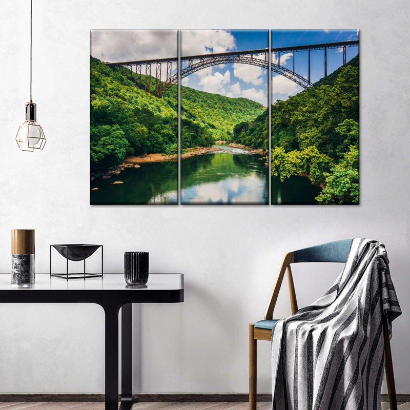 Art mural sur toile, "Pont de rivière moderne", 3 pièces, H 24 po x l 38 po