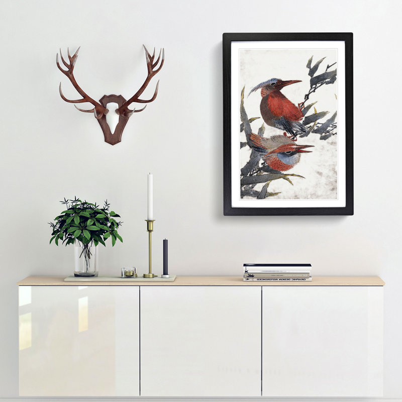 Two Birds by Katsushika Hokusai - Framed Print, 65cm H x 48cm W x 2cm D, Black Framed
