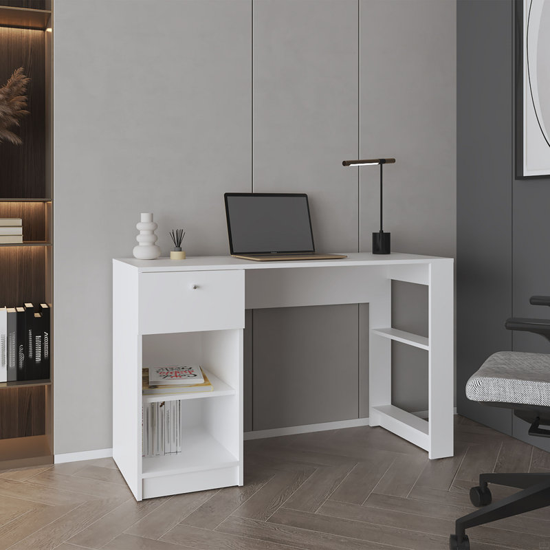 Bureau d'ordinateur, 1 tiroir, 2 tablettes, Blanc