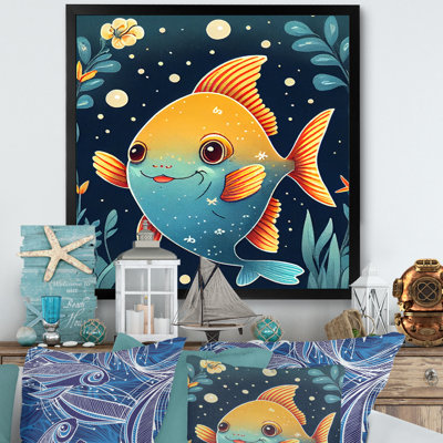 «Kamorah», dessin mignon de poisson en orange et bleu - reproduction sur toile