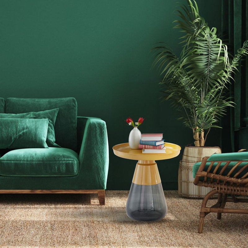 Table d'appoint ronde 19 po Aeryn avec plateau en titane doré mat et base en verre noir émeraude, H 20 po x l 19 po x L 19 po