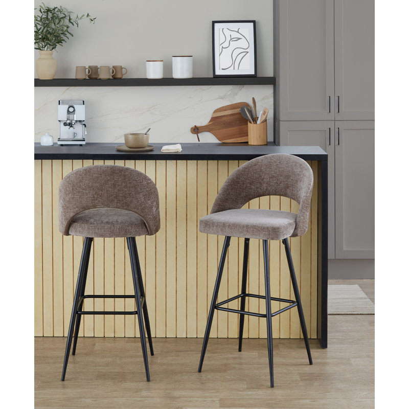 Resme 30" Fixed-Height Upholstered Bar Stools with Metal Legs & Square Footrest, Brown, Gold