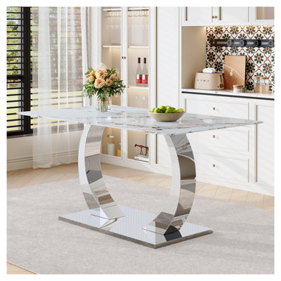 Table de salle à manger 63 po avec base en acier inoxydable transformable et plateau en verre trempé imprimé en argent et blanc