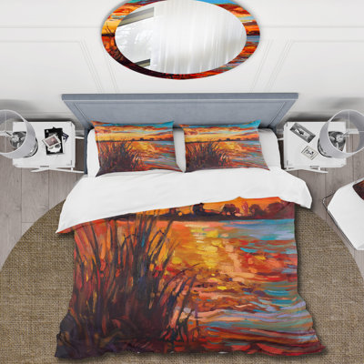 Sunset Evening Glow At The Lake I - Nautical & Coastal Duvet Cover Set - Microfiber Polyester