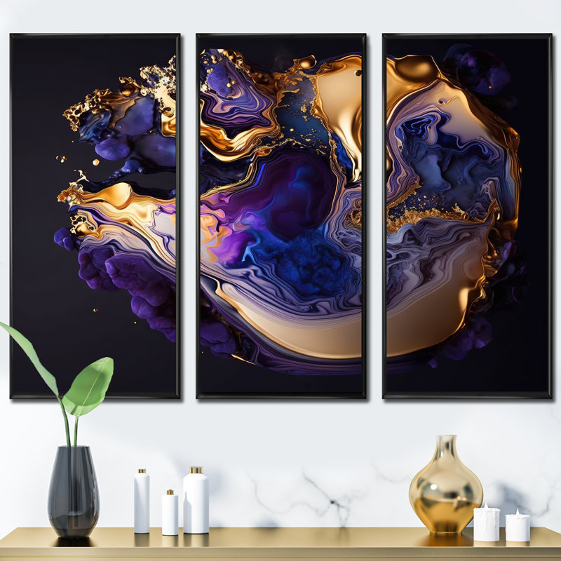 Abstrait marbre géode mauve II - 3 pièces sur toile, Cadre flottant noir, H 28 po x l 36 po x P 1 po