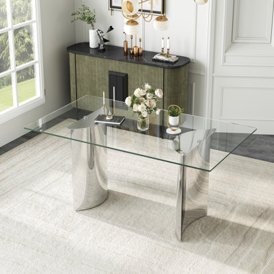 63" Dining Table With Glass Top And Double Pedestal Metal Base