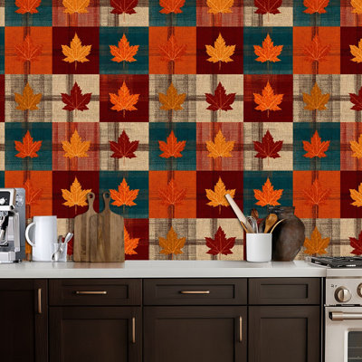 Peel and Stick Wallpaper Autumn Maple Leaves Plaid Tartan Seamless Warm Orange Red Teal Rustic Contact Paper Removable Self Adhesive Wall Mural Wall Decor for Bedroom Kitchen Cabinets 17.7in x 118in