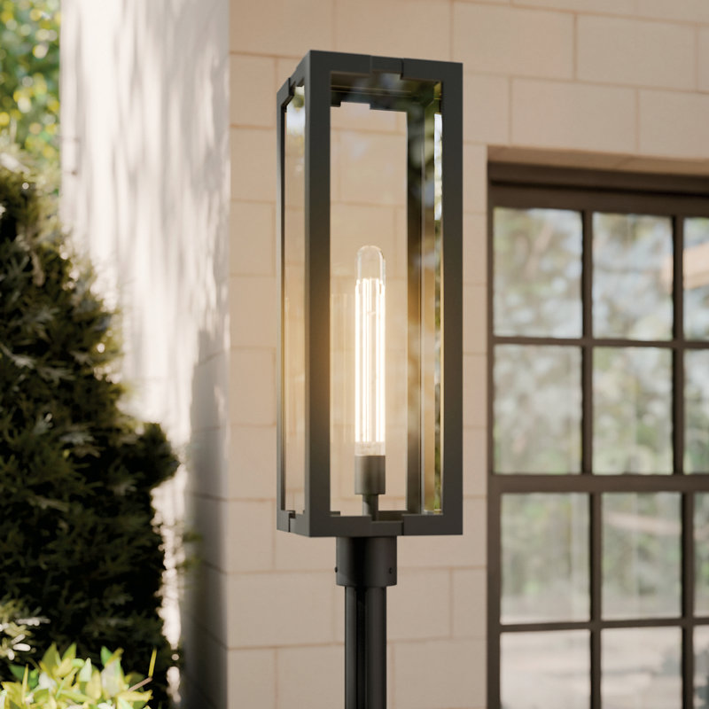 Lampadaire d'extérieur 1 lumière avec verre transparent texturé noir Calen