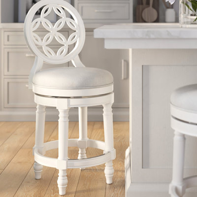 Tabouret de bar blanc à hauteur de comptoir de 26 po avec dossier, siège pivotant rembourré rond, dossier haut, retour automatique à 180 degrés, siège rembourré sur structure solide, pieds tournés, repose-pieds, 22,82 po