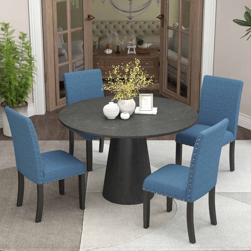 Ensemble de salle à manger rond à piédestal 5 pièces Fenna, Bleu et noir