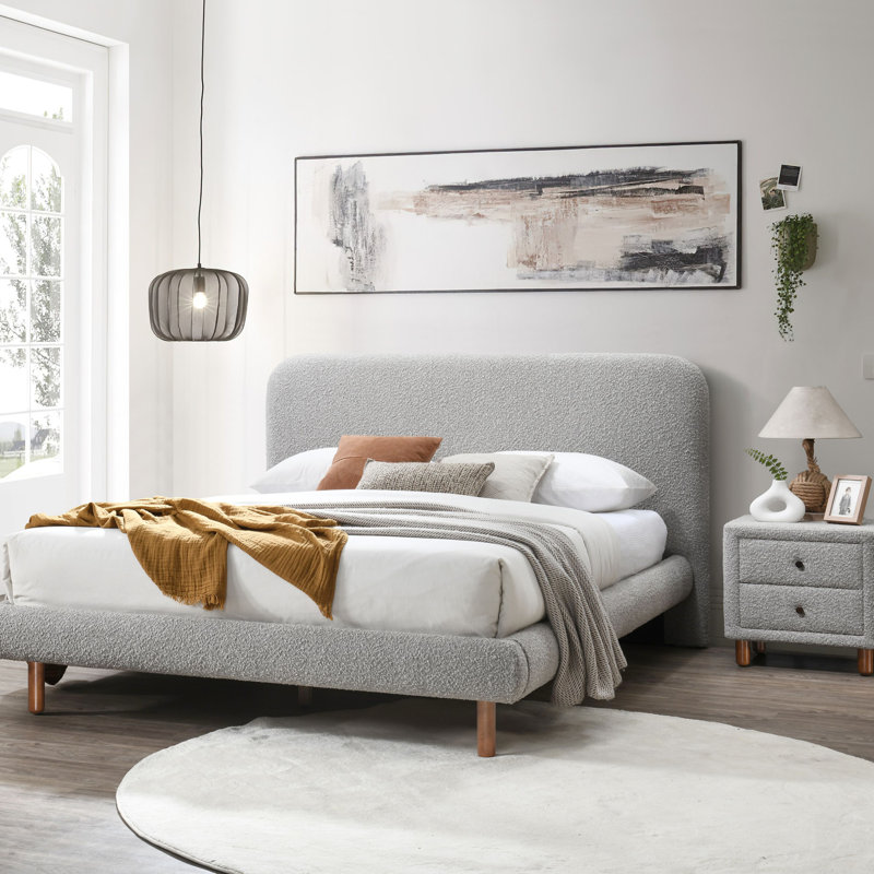 Table de chevet de chambre à coucher avec 2 tiroirs - Revêtement gris bouclé, tiroirs à cadre doux et incurvé, design moderne