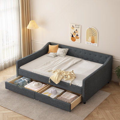 Twin Size Daybed With Drawers Upholstered Tufted Sofa Bed, With Button On Back And Piping On Waved Shape Arms-Light Grey