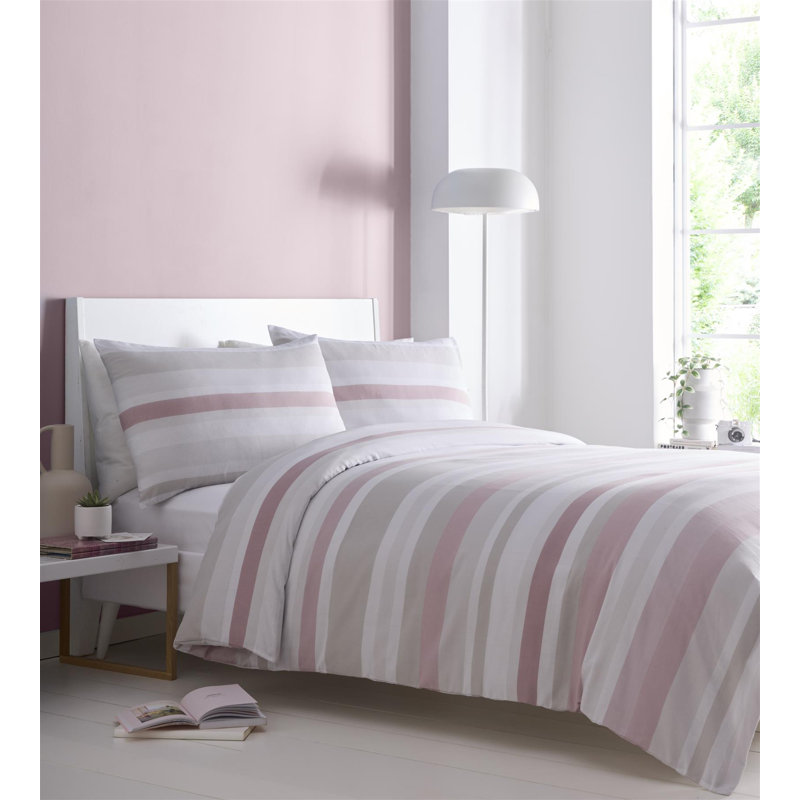 Wetumka Cotton Blend Striped Bedding with Pillowcases, Pink, Double Duvet Cover + 2 Standard Pillowcases