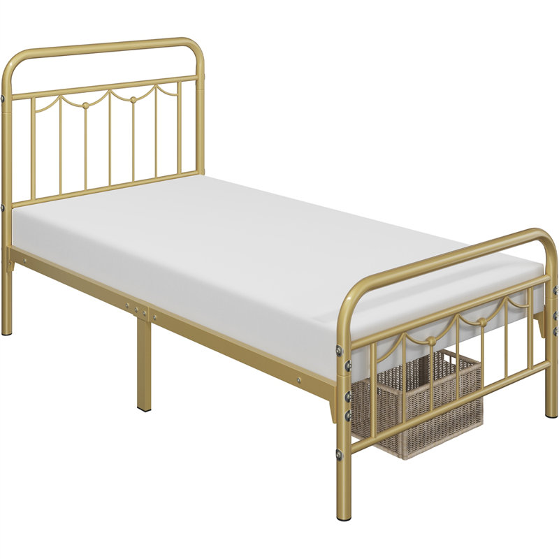 Antique Gold Twin Metal Bed Frame with Headboard and Slats