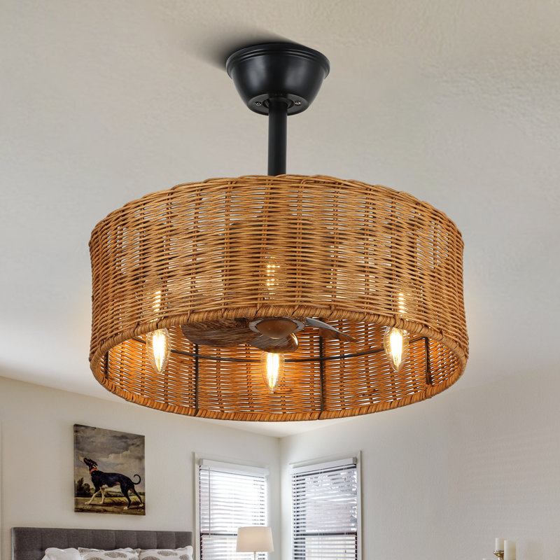 Ventilateur de plafond en cage 18 "avec lumière et télécommande 6 vitesses avec ventilateur en rotin et moteur à courant continu pour la cuisine de la chambre à coucher