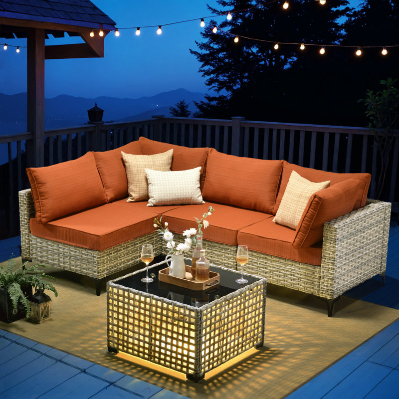 Emroy 4 - Person Outdoor Wicker Sectional Seating Group with Lighted Coffee Table, Modern Modular Rattan Conversation Set with Cushions