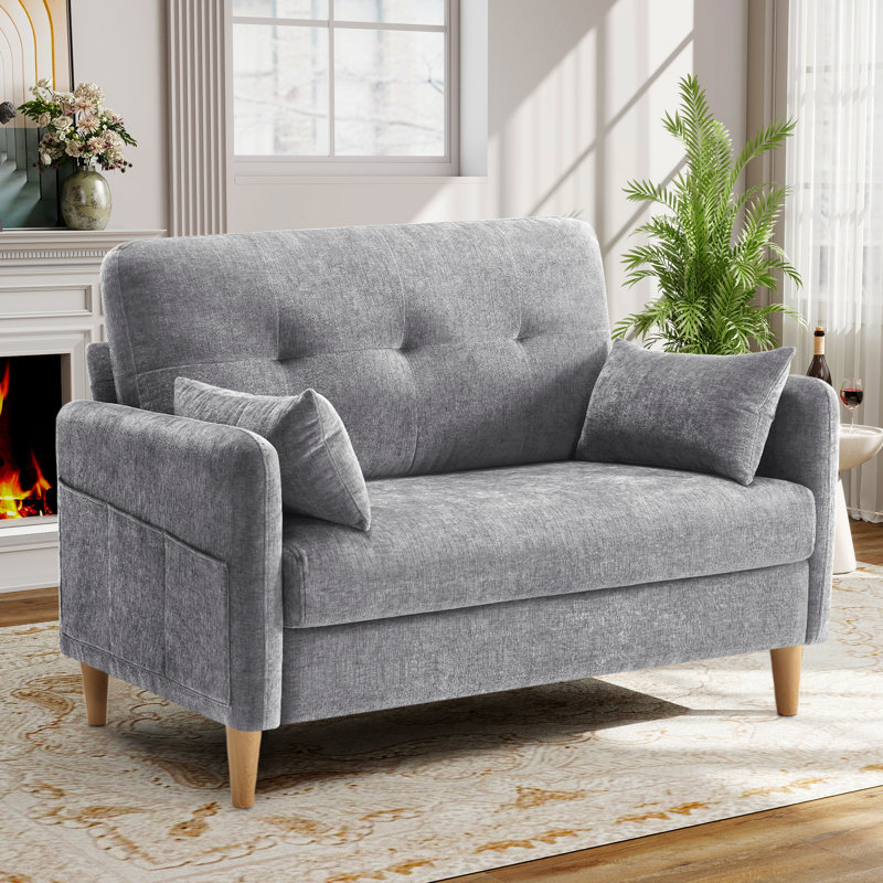 George 47’’ Chenille Tufted Loveseat Sofa With 2 Pillows And Storage Pockets Couches, Lightgray