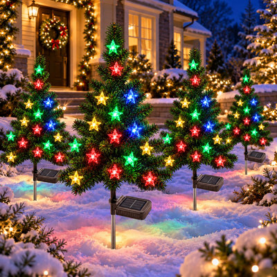 Décorations de Noël solaires, lumières d'arbre pour l'extérieur, 4 paquets de lumières solaires de sentier de Noël pour l'extérieur, lumières de jardin solaires multicolores, lumières de chemin de paysage solaire pour la pelouse de Noël, patio, allée