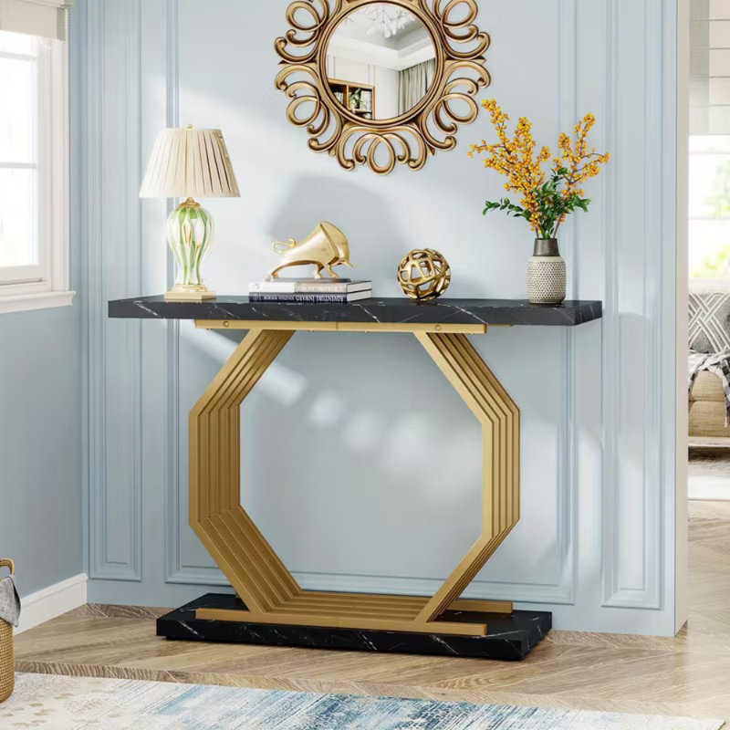 Gold Console Table, Faux Marble Entryway Table Narrow Sofa Table With Geometric Metal Base, 40 Inch Modern Accent Table Entrance Table For Living Room, Hallway, Foyer, Black