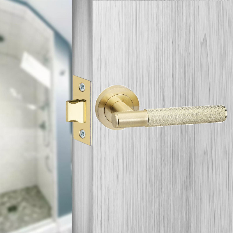  1 Set Knurled T-Bar Euro Lock Door Handle Set in Satin Brass Finish with Thumbturn Key and Ball Bearing Hinges