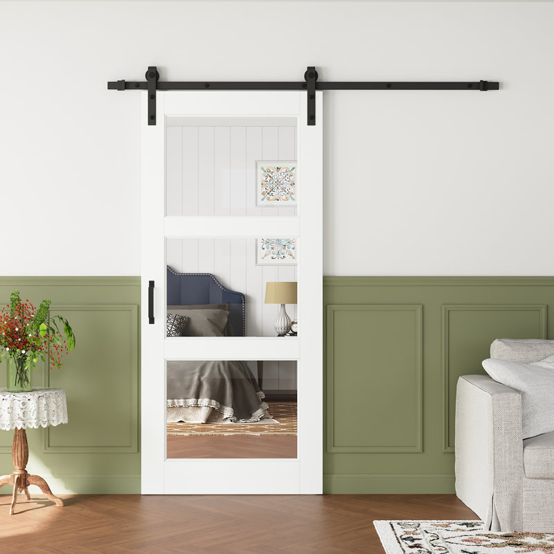 Porte de grange coulissante pré-assemblée en verre pré-assemblé avec porte de grange coulissante en verre 3-Lite avec quincaillerie d'installation (fermeture en douceur incluse)