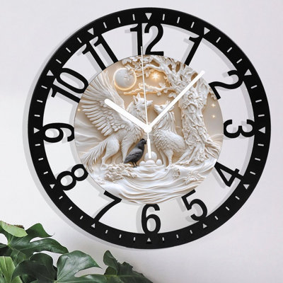 Metal Wall Clock for Living Room -10" Winged Wolf Wolf Bird Moon Tree Scene Silent Non Ticking,Battery Operated, Antique Clocks for Farmhouse,Bedroom,Kitchen - Arabic Numerals