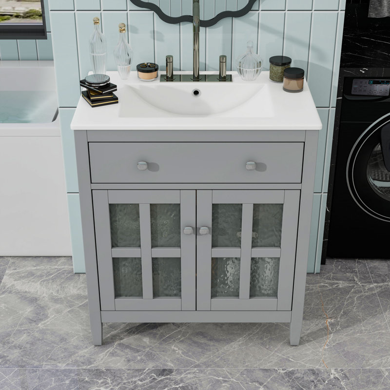 Meuble-lavabo de 30 po avec lavabo, tiroir rabattable et tablette réglable, Gris