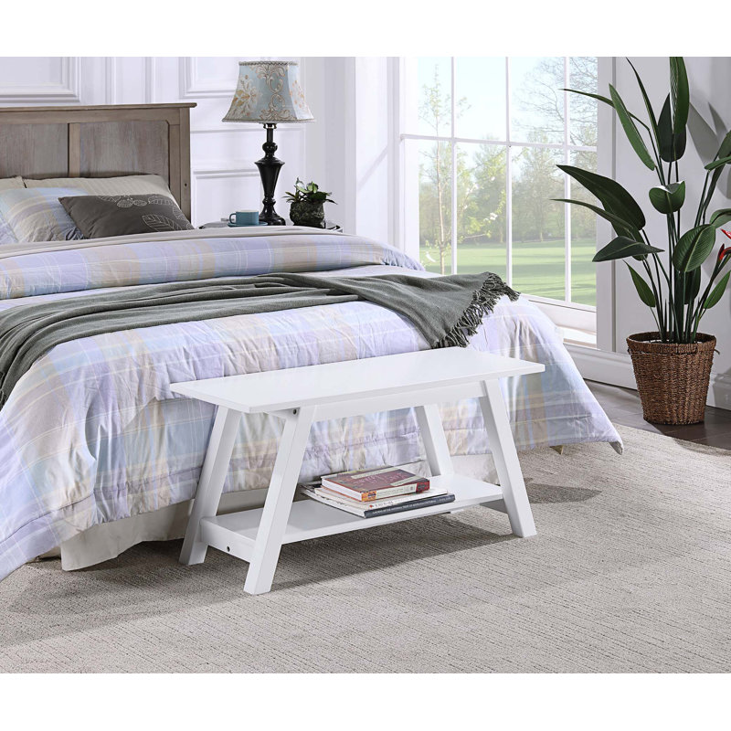 Solid Wood Bench with Shelf, White