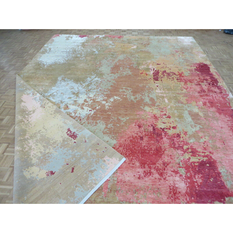 Tapis oriental moderne multicolore noué à la main 12 x 15 po avec soie 64B208848BCD4CCB9368E42ACF81A2CC