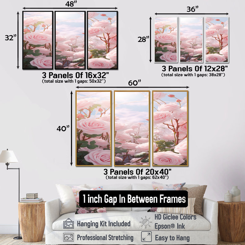 «Monson - Roses», ensemble de reproduction d'art mural, Cadre flottant noir, H 40 po x l 60 po x P 1 po