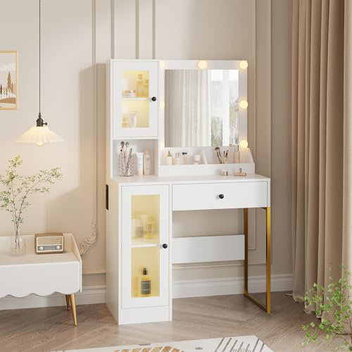Makeup Vanity Desk with Mirror & Adjustable LED Lights, Modern Vanity Table with Open Shelves & Acrylic-Door Cabinets, White
