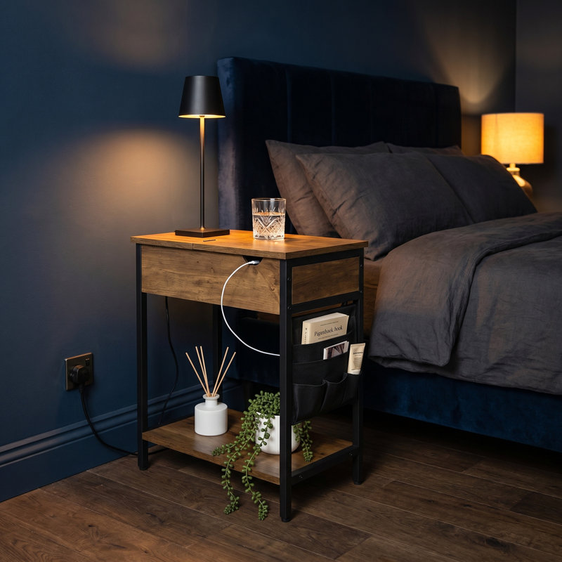Side Table With Storage And Charging Station - End Table With Usb Ports, Outlets, And Fabric Bags, Nightstand For Living Room And Bedroom, Rustic Walnut And Black