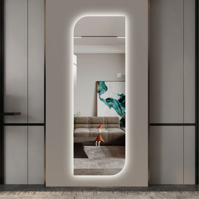 65" x 21" LED Full Length Wall Mirror, Irregular Shape Design, 3-Color Dimmable Lighting, 5mm Copper-Free Silver Glass, Hardwired or Plug-in, for Entryway, Bedroom & Salon