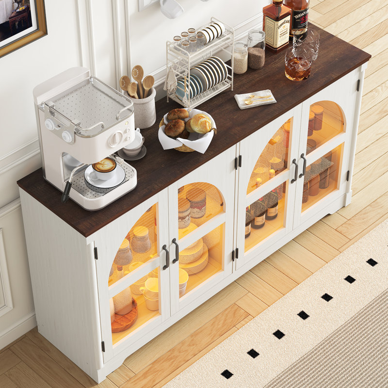 63'' LED Sideboard Buffet Cabinet With 4 Arched Glass Doors, Black