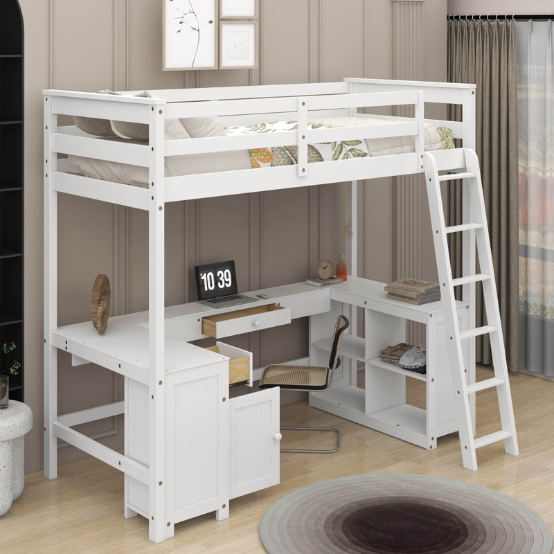 Lit mezzanine double avec bureau en U, tiroirs et tablettes, Blanc