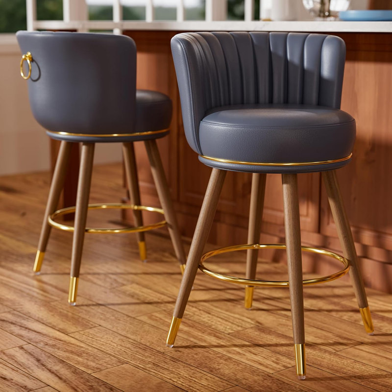 Anneli 26'' Swivel Counter Height Bar Stools Set of 2, Blue Counter Stools with Backs and Wood Legs for Kitchen Island, 2