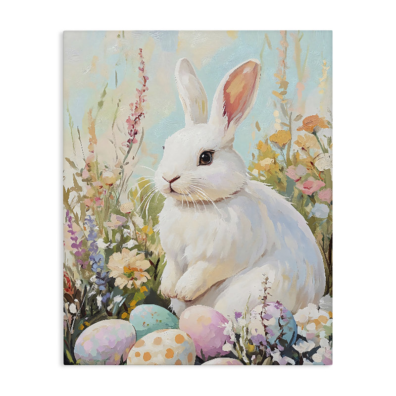 Lapin de Pâques blanc sur toile Wildflowers, design par The Prints Vibe, 48 po x 36 po