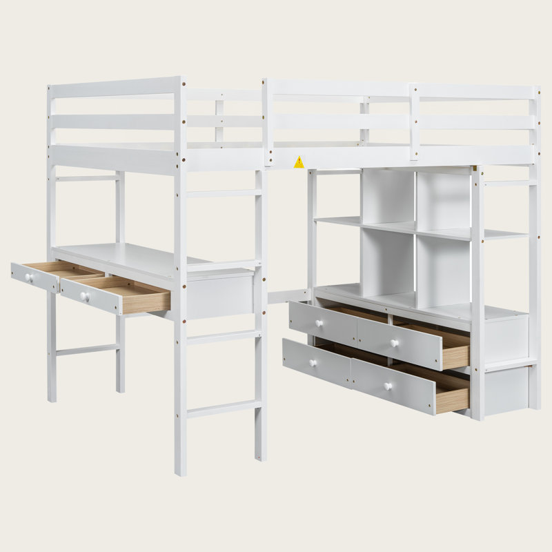 Lit mezzanine double avec bureau intégré, tiroirs et tablettes de rangement, lit station de travail en bois massif pour enfants, adolescents et adultes, blanc