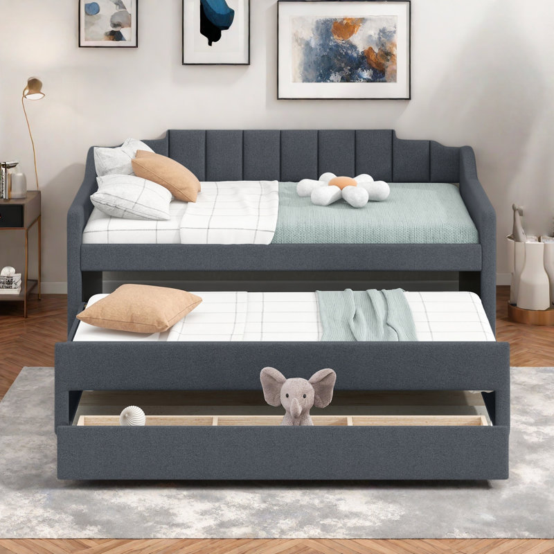 Upholstered Daybed With Trundle And 3 Drawers, Grey